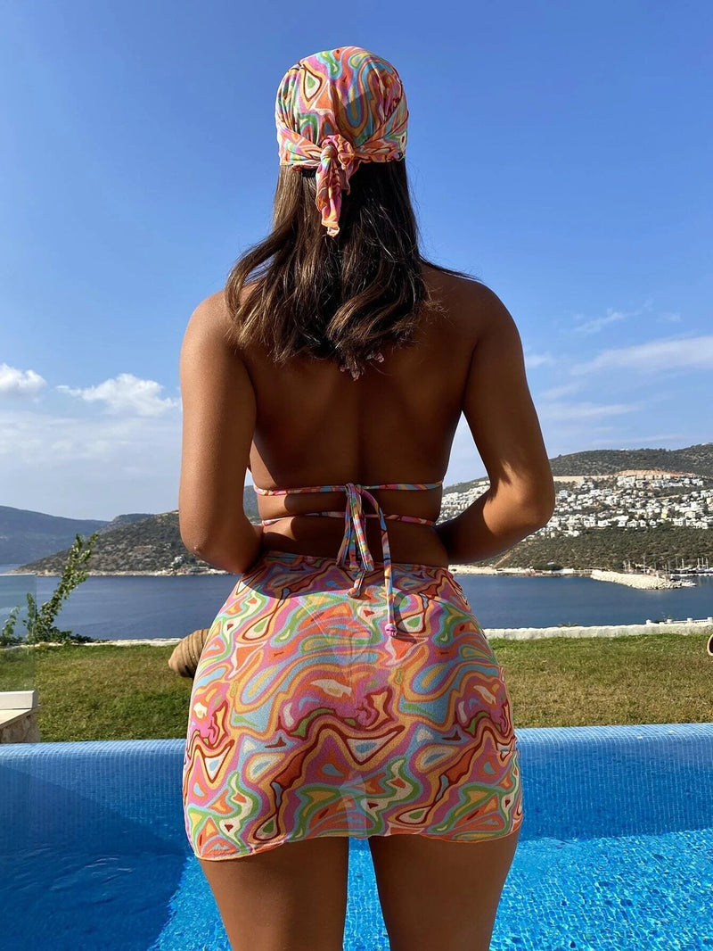 Claire | Vierteiliger bedruckter Bikini Riemchenrock mit Kordelzug